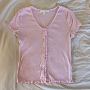 Sugar Moon Pink Ribbed Cardigan Short Sleeve Lettuce Trim V-Neck Button Top L